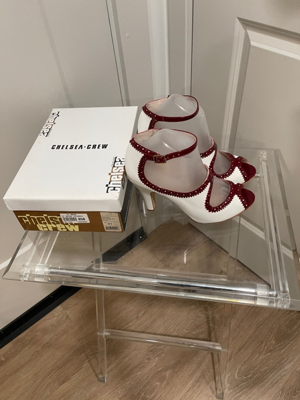 Chelsea Crew Escada Wine and White Cutout Peep-Toe Ankle-Strap Heels - Picture 2 of 5